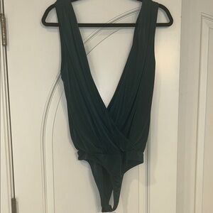 Blue Blush Deep V-Neck Bodysuit in Dark Green